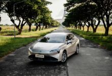Silver sedan parked on a tree-lined road