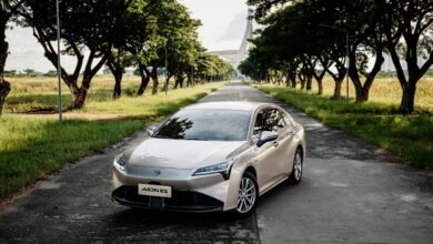 Silver sedan parked on a tree-lined road