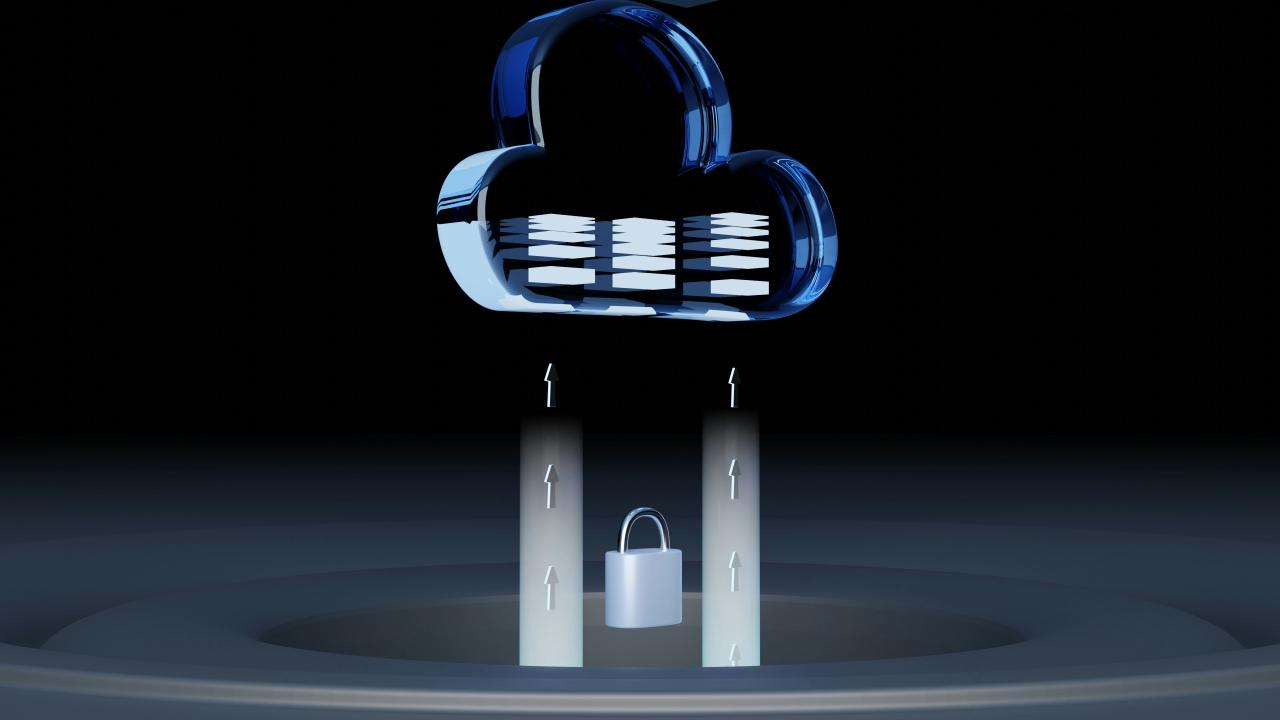 A blue glass cloud icon with data layers above a silver padlock